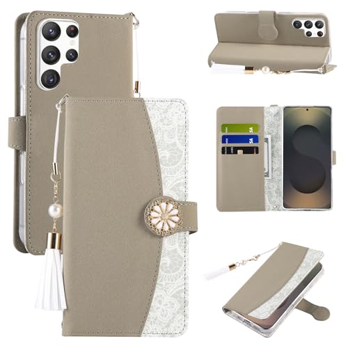 Shesyuki Leder Handytasche kompatibel für Samsung Galaxy S25 Ultra, Niedliche Floral Flip Cover PU Wallet Case für Frauen mit Kartenhalter(Grau) von Shesyuki