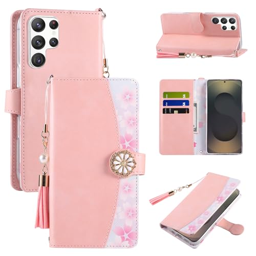 Shesyuki Leder Handytasche kompatibel für Samsung Galaxy S25 Ultra, Niedliche Floral Flip Cover PU Wallet Case für Frauen mit Kartenhalter(Rosa) von Shesyuki