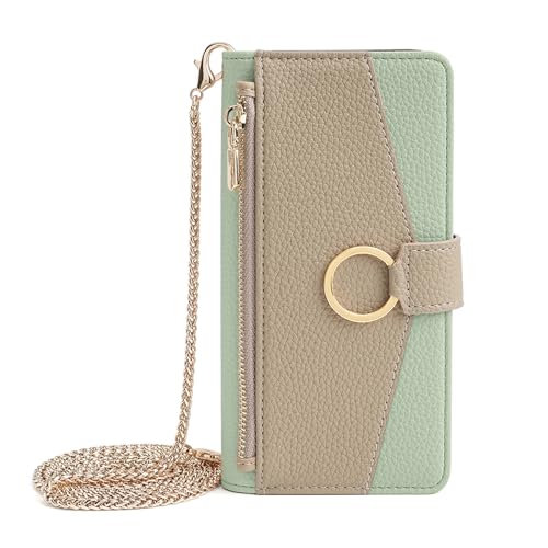 Shesyuki Leder Handytasche kompatibel für Samsung Galaxy S25 Wallet Cover mit Spiegel, Flip Cover Kartenschlitz, Crossbody-Riemen, Reißverschlusstasche Etuis für Frauen(Grün) von Shesyuki