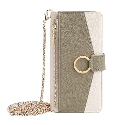 Shesyuki Leder Handytasche kompatibel für Samsung Galaxy S25 Wallet Cover mit Spiegel, Flip Cover Kartenschlitz, Crossbody-Riemen, Reißverschlusstasche Etuis für Frauen(Weiß) von Shesyuki