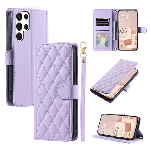 Shesyuki Leder-Telefonhülle kompatibel für Samsung Galaxy S25 Ultra, Kartenhalter Geldbörse mit Handgelenkriemen,Crossbody Strap, Leder Magnetischer Kickstand Stoßfeste Hülle (Grün) von Shesyuki