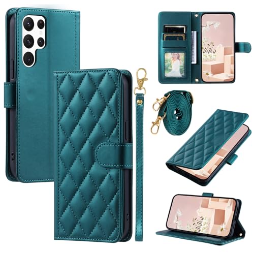 Shesyuki Leder-Telefonhülle kompatibel für Samsung Galaxy S25 Ultra, Kartenhalter Geldbörse mit Handgelenkriemen,Crossbody Strap, Leder Magnetischer Kickstand Stoßfeste Hülle (Grün) von Shesyuki