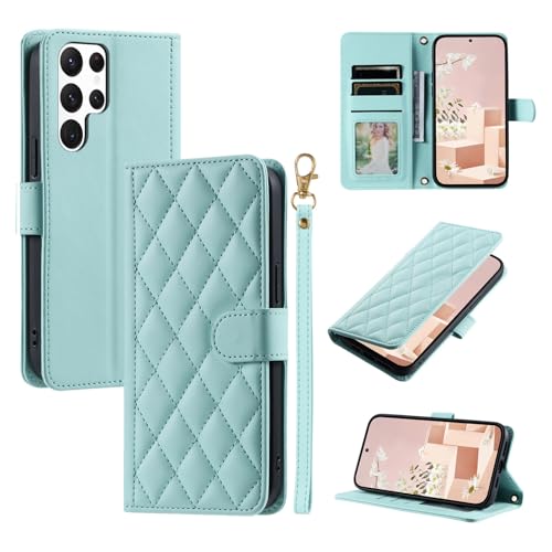 Shesyuki Leder-Telefonhülle kompatibel für Samsung Galaxy S25 Ultra, Kartenhalter Geldbörse mit Handgelenkriemen,Crossbody Strap, Leder Magnetischer Kickstand Stoßfeste Hülle (HellLila) von Shesyuki