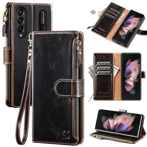 Shieldtop Schutzhülle für Samsung Galaxy Z Fold 3 5G, mit S-Stifthalter, RFID-blockierend, PU-Leder, Klapp-Handyhülle, Handschlaufe, Kreditkartenfächer, Kaffeebraun von Shieldtop