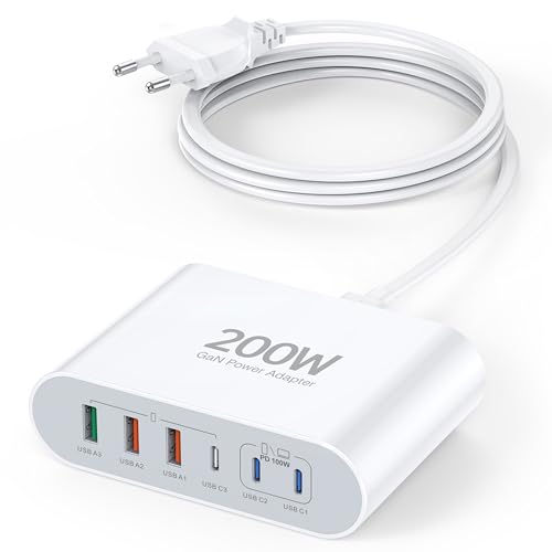 US B C Ladegerät, 200W USB C Netzteil 6-Port GaN PD 3.0 Schnellladegerät mit 3 USBC und USB-A Mehrfach Ladegerät Stecker Adapter für MacBook Pro Air, iPad Pro Air, iPhone 16 15 14 13 12, Galaxy S23 von Shilemei