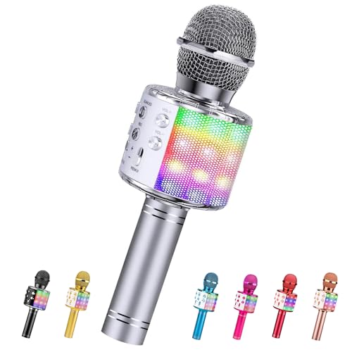 ShinePick Mikrofon Kinder Bluetooth, 4-in-1 Drahtloses Karaoke Mikrofon, Tragbare LED Microphone Spielzeug ab 4-12 Jahre, Heim KTV Karaoke Gerät kompatibel mit iOS Android PC(Silberfarben) von ShinePick