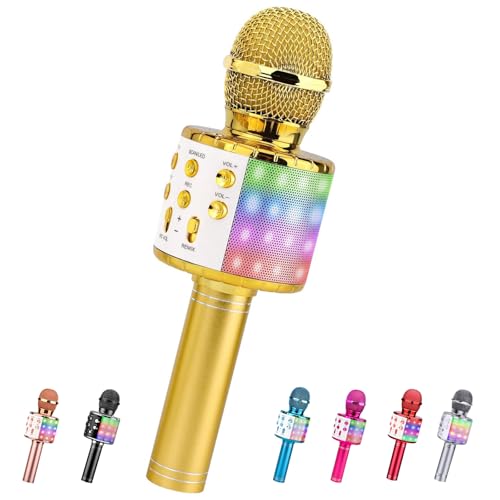 ShinePick Karaoke Mikrofon, Drahtloses Bluetooth Karaoke Mikrofon Kinder, Tragbare LED 4 in 1 Sing Microphone für Heim KTV Karaoke kompatibel mit iOS Android PC (Goldfarben) von ShinePick