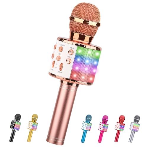 ShinePick Mikrofon Kinder Bluetooth, 4-in-1 Drahtloses Karaoke Mikrofon, Tragbare LED Microphone Spielzeug ab 4-12 Jahre, Heim KTV Karaoke Gerät kompatibel mit iOS Android PC(Roségold) von ShinePick