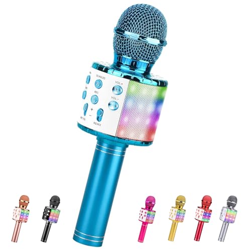 ShinePick Mikrofon Kinder, 4-in-1 Drahtloses Bluetooth Karaoke Mikrofon, Tragbare LED Mikrofon für Kinder, Heim KTV Karaoke Gerät kompatibel mit iOS Android PC (Blau) von ShinePick