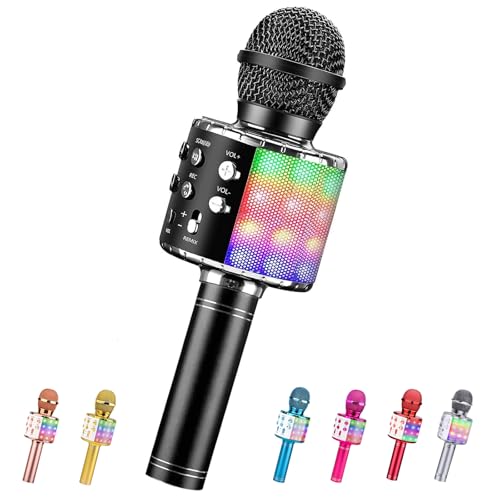 ShinePick Mikrofon Kinder Bluetooth, 4-in-1 Drahtloses Karaoke Mikrofon, Tragbare LED Microphone Spielzeug ab 4-12 Jahre, Heim KTV Karaoke Gerät kompatibel mit iOS Android PC (Schwarz) von ShinePick