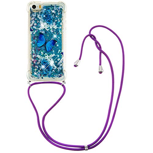 ShinyCase Moving Quicksand Handyhülle für iPhone 5,für iPhone 5s Bling Lanyard Hülle Necklace Silikon Hülle mit Treibsand Handyhülle Protective Case für iPhone 5/ 5s / SE (2016),Blauer Schmetterling von ShinyCase