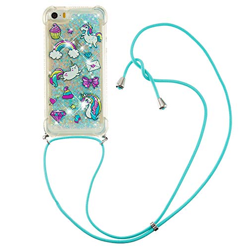 ShinyCase Moving Quicksand Handyhülle für iPhone 5,für iPhone 5s Bling Lanyard Hülle Necklace Silikon Hülle mit Treibsand Handyhülle Protective Case für iPhone 5/ 5s / SE (2016),Blaues Einhorn von ShinyCase