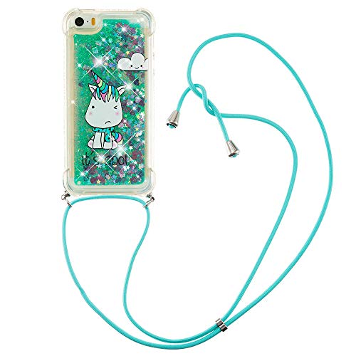ShinyCase Moving Quicksand Handyhülle für iPhone 5,für iPhone 5s Bling Lanyard Hülle Necklace Silikon Hülle mit Treibsand Handyhülle Protective Case für iPhone 5/ 5s / SE (2016),Grünes Einhorn von ShinyCase