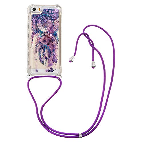 ShinyCase Moving Quicksand Handyhülle für iPhone 5,für iPhone 5s Bling Lanyard Hülle Necklace Silikon Hülle mit Treibsand Handyhülle Protective Case für iPhone 5/ 5s / SE (2016),Lila Windspiele von ShinyCase