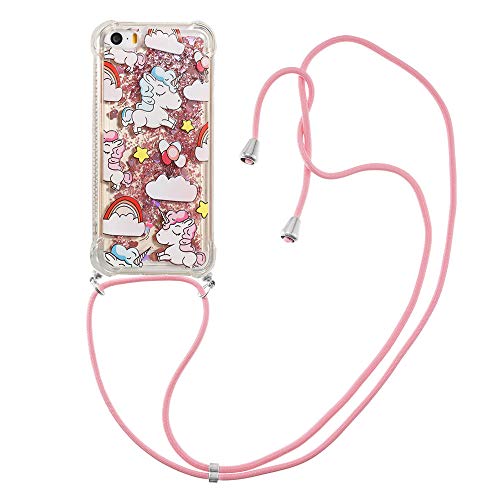 ShinyCase Moving Quicksand Handyhülle für iPhone 5,für iPhone 5s Bling Lanyard Hülle Necklace Silikon Hülle mit Treibsand Handyhülle Protective Case für iPhone 5/ 5s / SE (2016),Rosa Einhorn von ShinyCase