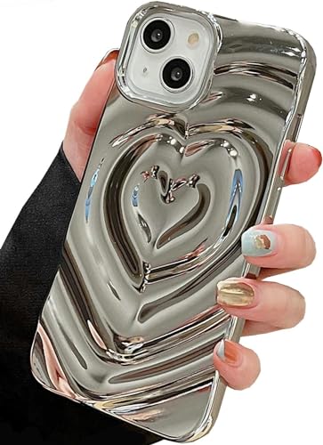 Shinymore iPhone 15 Love Heart Case, Fashion Cute Soft Silicone Electroplate Silver 3D Heart Water Ripple Bling Glitter Shockproof Women Girls Case Cover for iPhone 15, (IP14F) von Shinymore