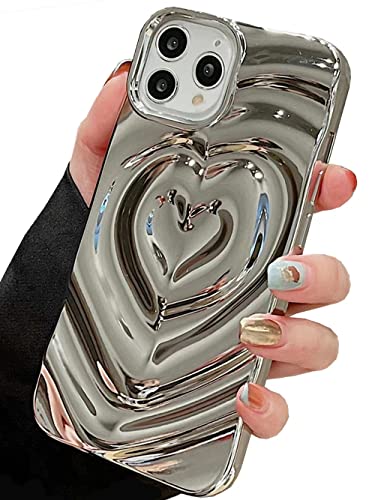 Shinymore iPhone 15 Pro Love Heart Case, Fashion Cute Soft Silicone Electroplate Silver 3D Heart Water Ripple Bling Glitter Shockproof Women Girls Case Cover for iPhone 15 Pro, IP14F von Shinymore