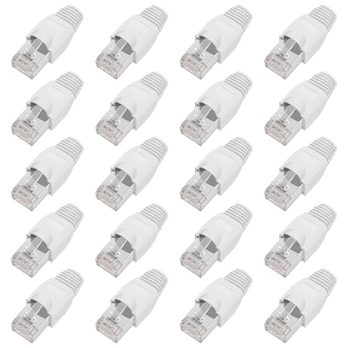 ShipeeKin 20x Geschirmte RJ45 Stecker, CAT5e CAT5 CAT6 Cat6e Crimpstecker UTP STP 50U Vergoldet LAN Kabelstecker mit Silikon Schutzhüllen (Weiß) von ShipeeKin