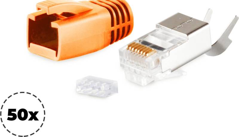 S/CONN maximum connectivity Netzwerk Modular Stecker RJ45 SET für Verlegekabel bis AWG 23, Stecker mit Zugentlastung, Einführhilfe und Tülle, Orange VE 50 (72067-50O) von ShiverPeaks