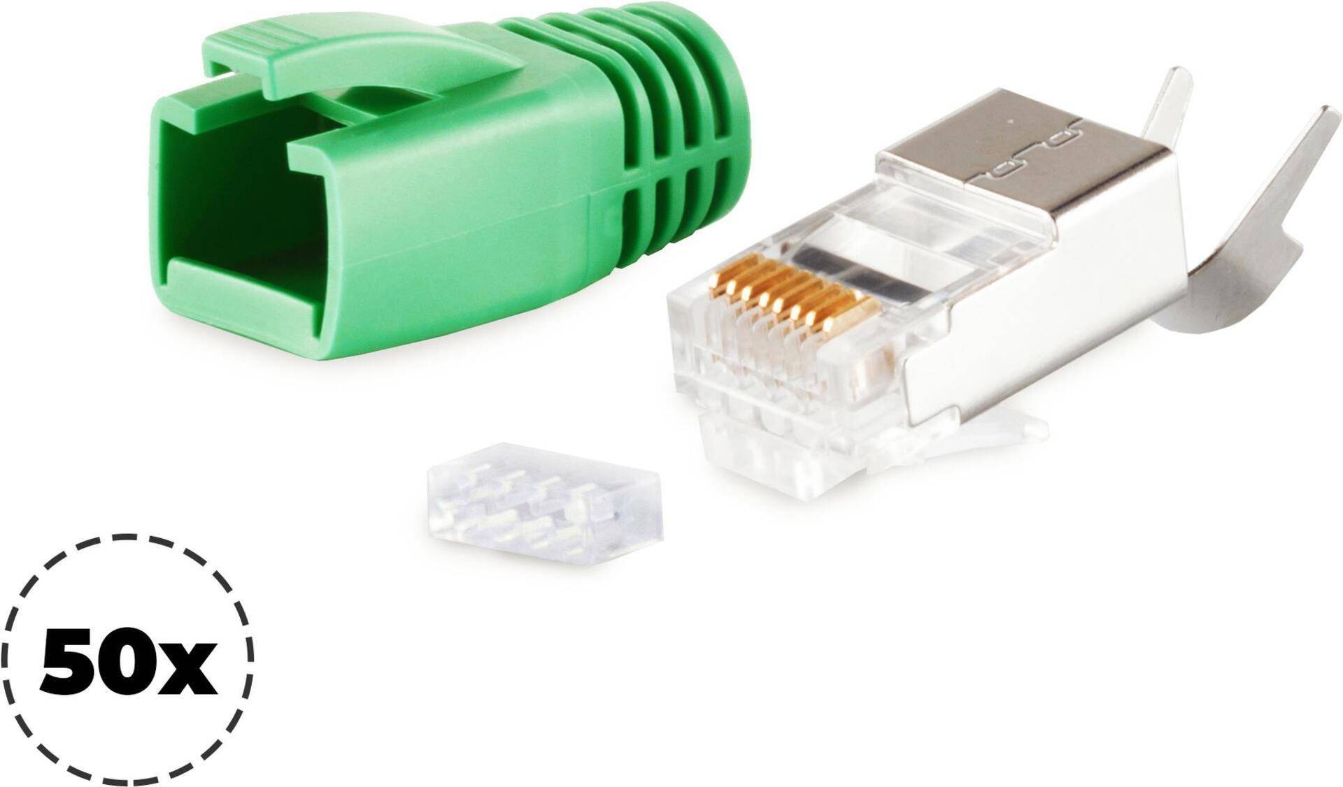 S/CONN maximum connectivity Netzwerk Modular Stecker RJ45 SET für Verlegekabel bis AWG 23, Stecker mit Zugentlastung, Einführhilfe und Tülle, grün VE 50 (72067-50G) von ShiverPeaks