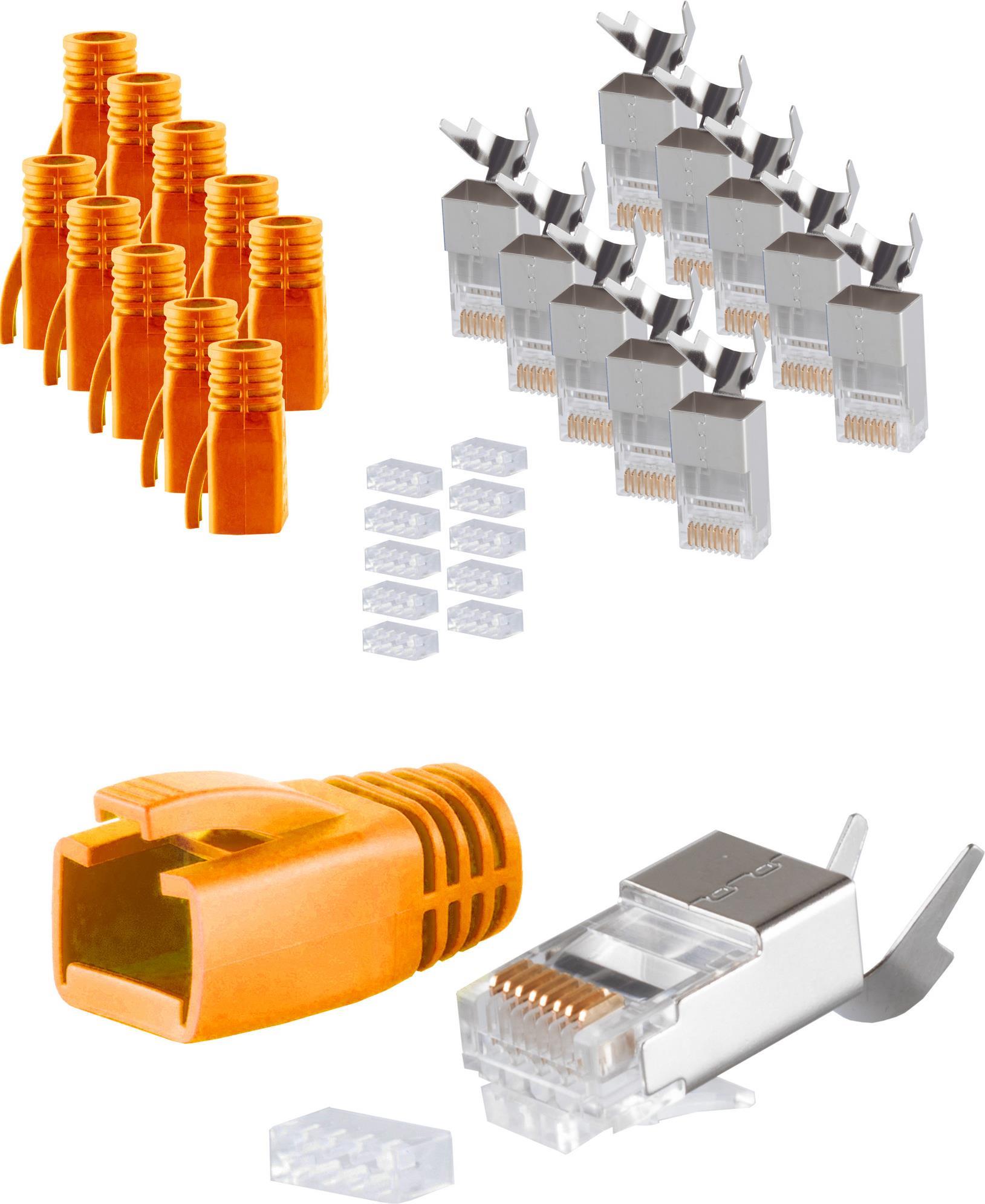 shiverpeaks ®-BASIC-S--Netzwerk Modular Stecker RJ45 SET für Verlegekabel bis AWG 23, Stecker mit Zugentlastung, Einführhilfe und Tülle, Orange VE 10 (BS72067-10O) von ShiverPeaks