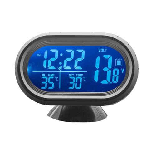 Shkalacar 3in1 Autothermometer Digitaluhr Voltmeter mit LCD Digitalmonitor, 12V Temperatur und Spannungsmesser, Erkennungsanzeige für Auto LKW SUV Wohnmobil, Blau und Orange von Shkalacar