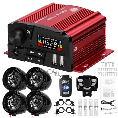 Shkalacar Verstärker Power Amplifier, BT MP3 Player 4 Kanal Audio Stereo Amplifier mit LCD Display, 4 Lautsprecher,unterstützen Freisprechen FM Radio USB/TF Karte für 12V Motorrad Elektrofahrräder ATV von Shkalacar