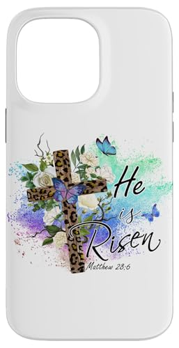 He Is Risen Christliches Osterkreuz mit Leopardenmuster Hülle für iPhone 14 Pro Max von Shopp
