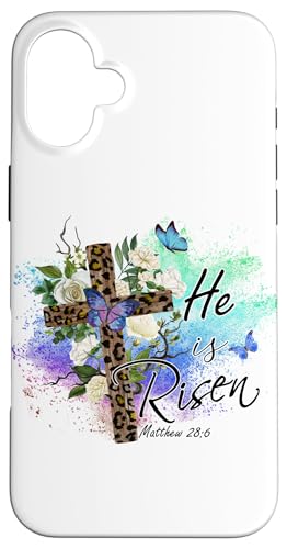 He Is Risen Christliches Osterkreuz mit Leopardenmuster Hülle für iPhone 16 Plus von Shopp