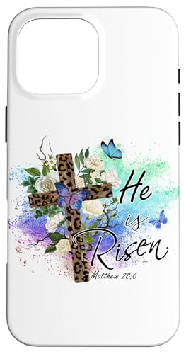 He Is Risen Christliches Osterkreuz mit Leopardenmuster Hülle für iPhone 16 Pro Max von Shopp