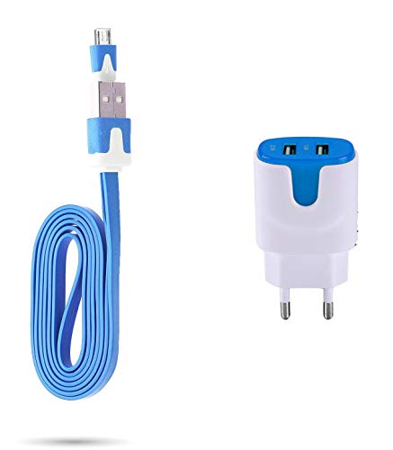 Set Ladegerät für Samsung Galaxy J4+ Smartphone Micro-USB Kabel 1 m Ladegerät + Doppelsteckdose Farbe USB (Blau) von Shot Case