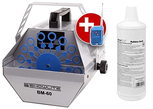 Showlite BM-60 Seifenblasenmaschine 60W mit Funk Fernbedienung und 1L Eurolite Fluid (0,6l Tank, 2-3 Stunden Laufzeit bei vollem Tank, Party Effekt, Disco Bubbles) silber von Showlite