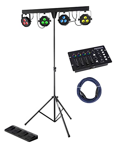 Showlite LB-427 LED RGB Komplett-Lichtanlage - vier PAR-Spots mit je 3 St. 9W LEDs - steuerbar via DMX 512, Wireless-Fußpedal oder manuell, inkl. DMX-Controller, Stativ, Fußfernsteuerung und Tasche von Showlite