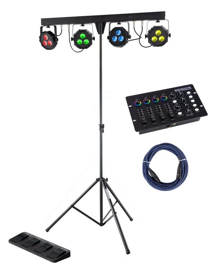 Showlite Lichtanlage LB-427 LED RGB Licht Komplettanlage, inkl. 4x PAR-Spots, DMX-Controller, Stativ, Fußfernsteuerung & Tasche von Showlite