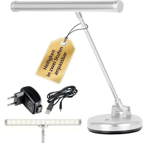 Showlite PL-1SL LED Klavierleuchte silber matt (Klavierlampe, 15 LEDs, 2 Stufen, 36 cm Höhe, Betrieb per USB, Netzstrom oder Batterie) von Showlite