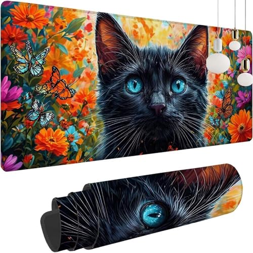 Katze Blume Mauspad XXL 1400x600x3mm, Speed Gaming Mousepad, Schreibtischunterlage mit Rutschfester Gummibasis, Großer Erweiterter Schreibtisch Schutz Mauspad, Gaming Zubehör für Zimmer Deko Z-346 von Shozhoo