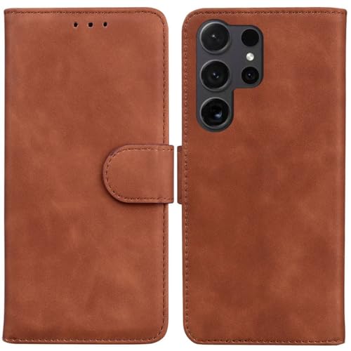 ShuiSu Schutzhülle aus veganem Leder für Samsung Galaxy S24 Ultra, Schutzhülle mit bequemem Material, Dual-Magnetverschluss, Ständerfunktion, Kartenfächer (TG1), Braun von ShuiSu