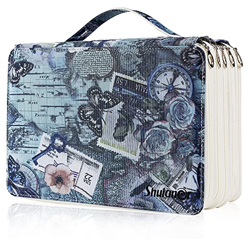 Shulaner 200 Slot Pencil Case with 4 Layers, Retro Style Element Pattern Large Capacity Pencil Organiser Bag, Waterproof 840D PVC Fabric 200 Pencil Case Holder - Gray Blue von Shulaner