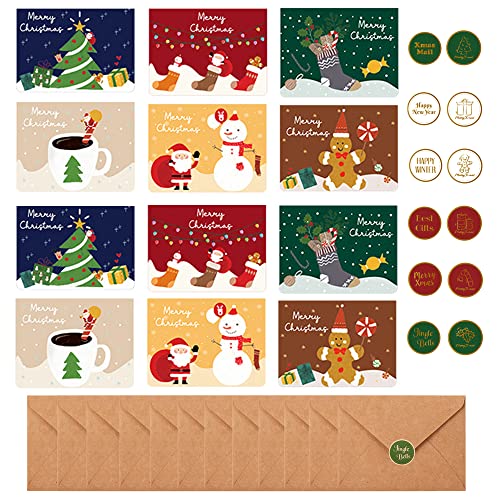 Shulaner Christmas Cards in English with Envelopes and Stickers, Weihnachtskarten Mini Xmas Karten Weihnachten Cartoon Weihnachtsmann, Weihnachtsbaum, Schneemann Weihnachtskarte Set - 12 Stück von Shulaner
