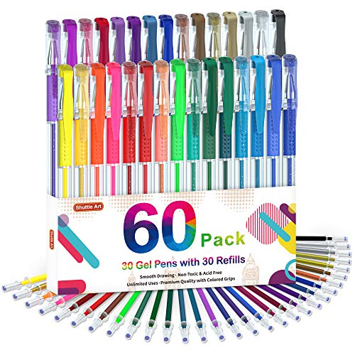 Shuttle Art 60 Stück Gelstifte Set, 30 bunte Gel Stifte mit 30 Ersatzminen, Glitzer, Neon, Metallic Stifte für Erwachsene Malbuch, Glitzerstifte für Kinder mädchen, Gelschreiber zum Schreiben Bemalen von Shuttle Art