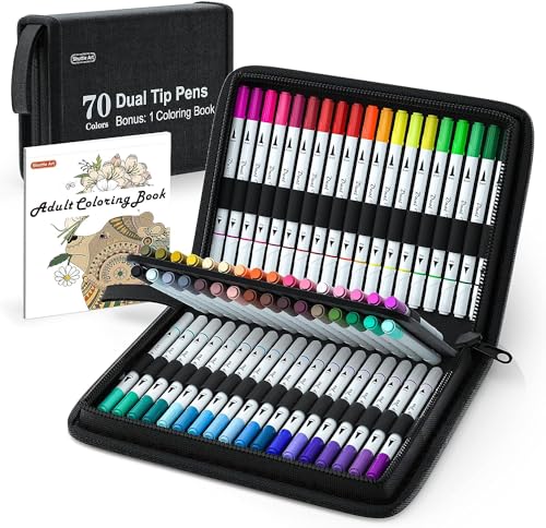 Shuttle Art Dual Brush Pens, 70 bunte doppelköpfige Pinselstifte mit weicher Spitze, zwei Schreibfedern: Fasermaler (1mm) und Fineliner(1-4mm), für Kinder und Erwachsene mit 1 Malbuch zum Schreiben von Shuttle Art