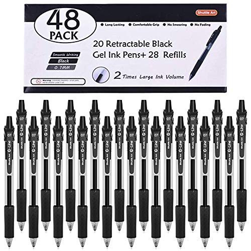 Shuttle Art Gelstifte, schwarz, 48 teiliges schwarze Gelschreiber Set (20 Gel Stifte und 28 Ersatzminen) mit 0,7 mm Spitze, einziehbar, für Schüler, Kinder und Erwachsene geeignet von Shuttle Art