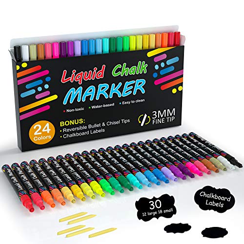 Shuttle Art Kreidestifte, 24 bunte Kreidemarker-Set mit 3mm feiner Spitze, 26 Schildern und 5 Ersatzspitzen, reversibler Rund- und Keilspitze, abwaschbare Tinte, für Tafeln, Fenster, Glas geeignet von Shuttle Art