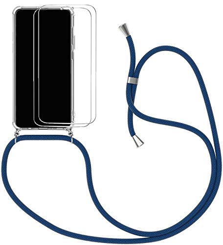 Handykette Kompatibel für Xiaomi Redmi 9A / Redmi 9AT Hülle + 2 Pcs Panzerglas, Silikon Transparent Handyhülle mit Kordel zum Umhängen Necklace Hülle mit Band Schutzhülle mit Umhängeband, Blau von SiGrid