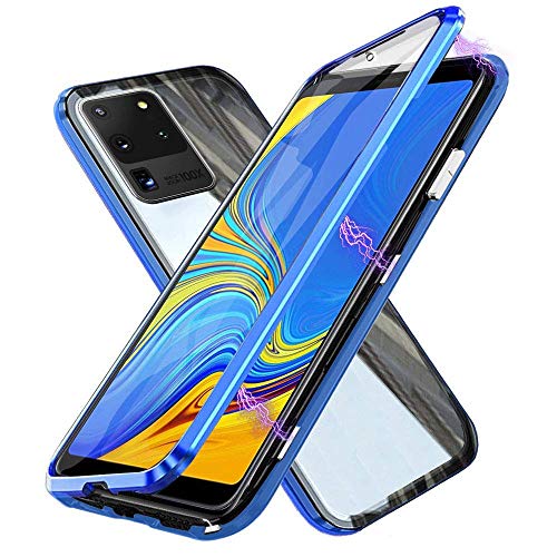 Kompatibel für Samsung Galaxy S20 Ultra 5G Hülle, Magnetische Metallrahmen 360 Grad Handyhülle Vorne und Hinten Gehärtetes Glas Handyhülle Magnet Case Panzerglas Doppelseitige Hülle, Blau von SiGrid
