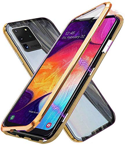 Kompatibel für Samsung Galaxy S20 Ultra 5G Hülle, Magnetische Metallrahmen 360 Grad Handyhülle Vorne und Hinten Gehärtetes Glas Handyhülle Magnet Case Panzerglas Doppelseitige Hülle, Gold von SiGrid