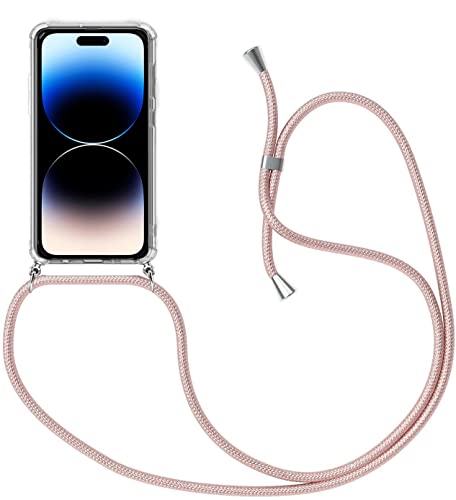 Handykette Kompatibel für iPhone 14 Pro (6,1") Hülle, Silikon Transparent Handyhülle mit Kordel zum Umhängen Necklace Hülle mit Band Schutzhülle Halsband Hülle mit Umhängeband, Rose Gold von SiGridTech