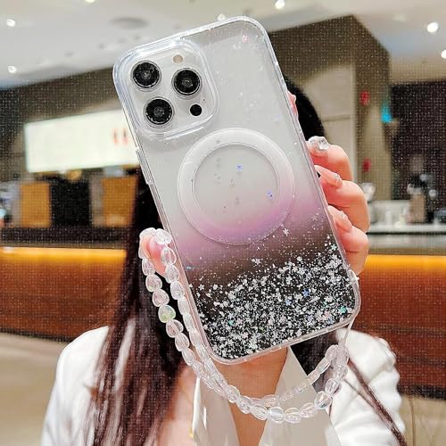 Sibada Clear Glitter Hülle für iPhone 15 Pro Max mit Armband Bling Sparkle Cute Kompatibel mit MagSafe Handyhüllen (2023) 6.7" - Schwarz von Sibada