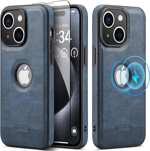 Sibada Leder Hülle für iPhone 15 Kompatibel mit MagSafe,Kommt mit 1 Screen Schutzfolie,Logo Sichtbar,Premium Veganes Leder Klassisch Elegant Handyhüllen (2023) 6.1" - Marine Blau von Sibada