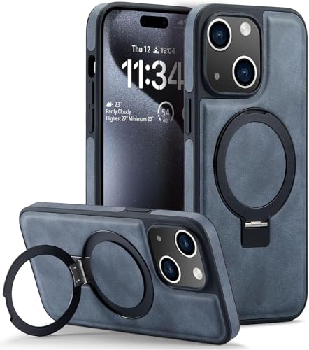 Sibada Leder Hülle für iPhone 15 Plus mit Verdecktem Kreisständer für Magnetische,Modische und Elegante Dünne Business Handyhülle (2023) 6.7" - Grau Blau von Sibada